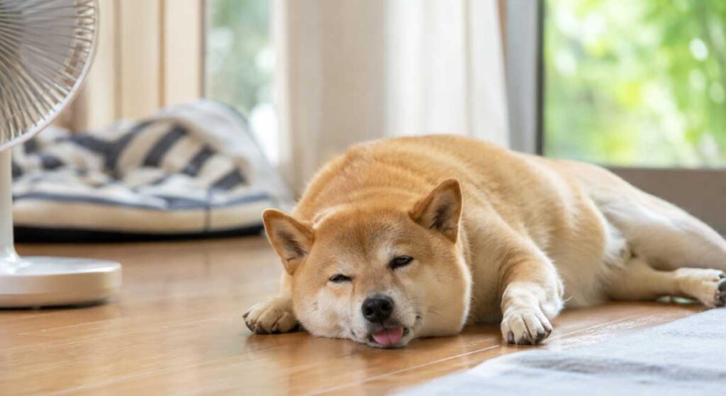 夏の室内でぐったりしている犬