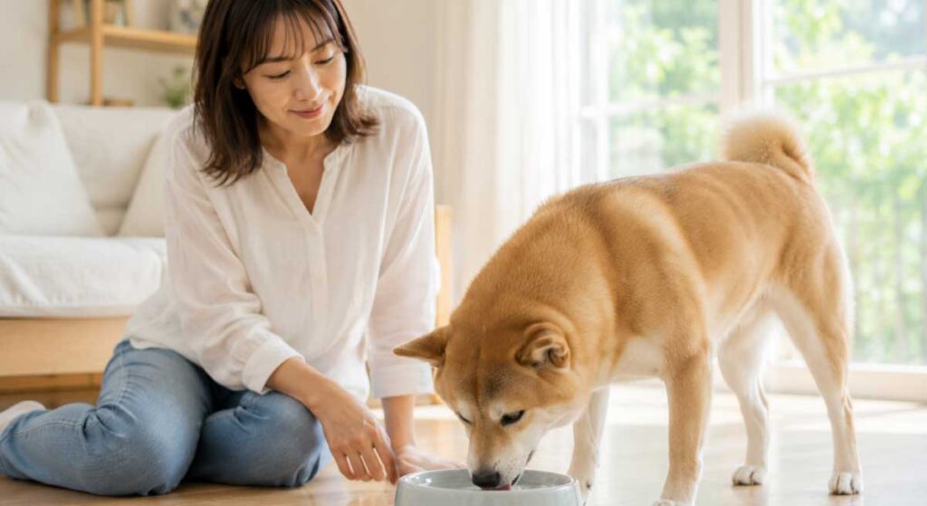 水を飲んでいる犬と見守る飼い主のイメージ写真
