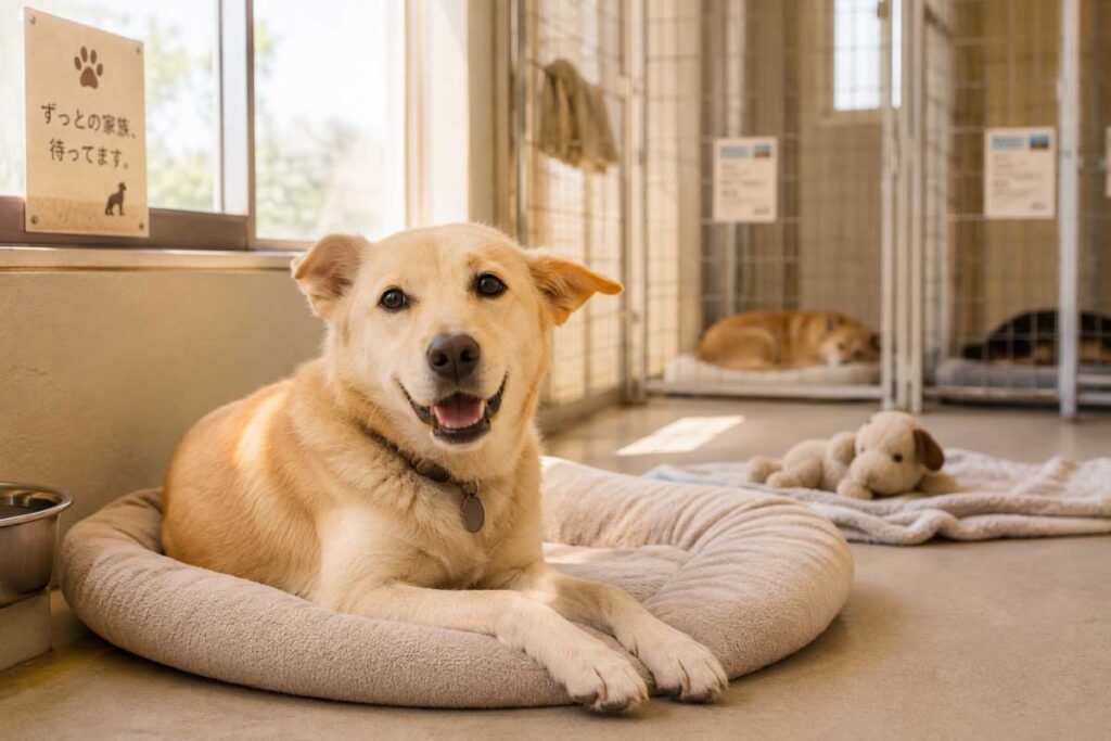 保護犬がシェルターで穏やかにくつろいでいる様子