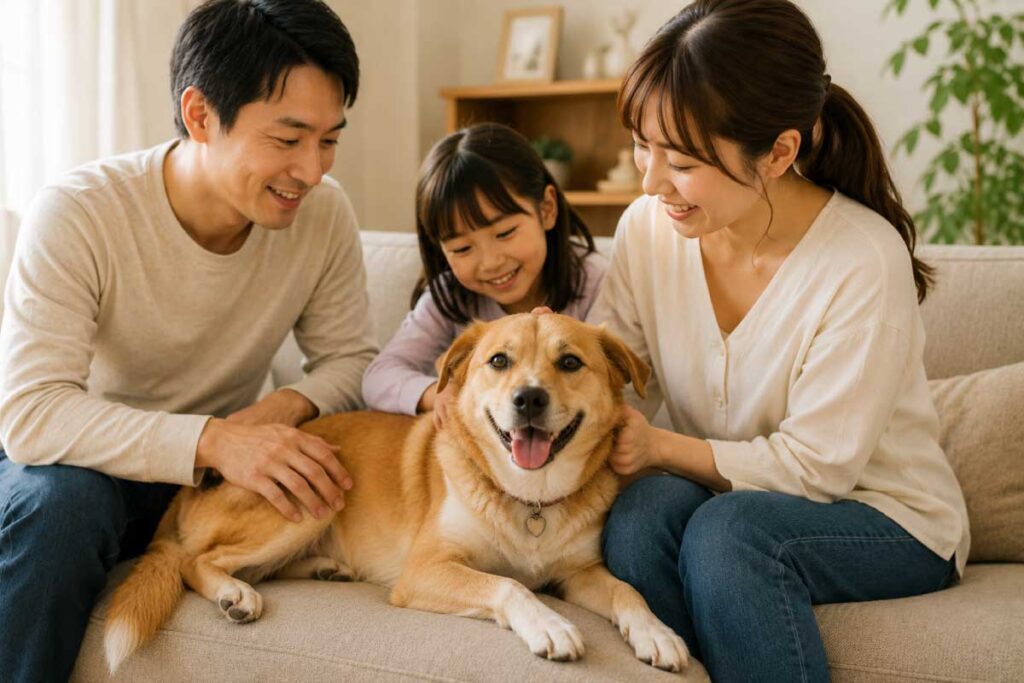 穏やかに新しい家族と過ごす保護犬のイメージ