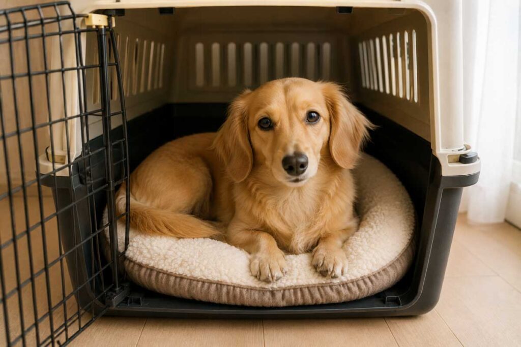 クレートの中でリラックスしている犬のイメージ