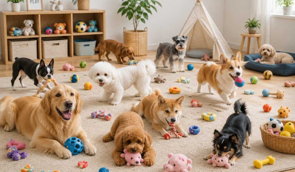 様々なおもちゃと犬たちの全体イメージ