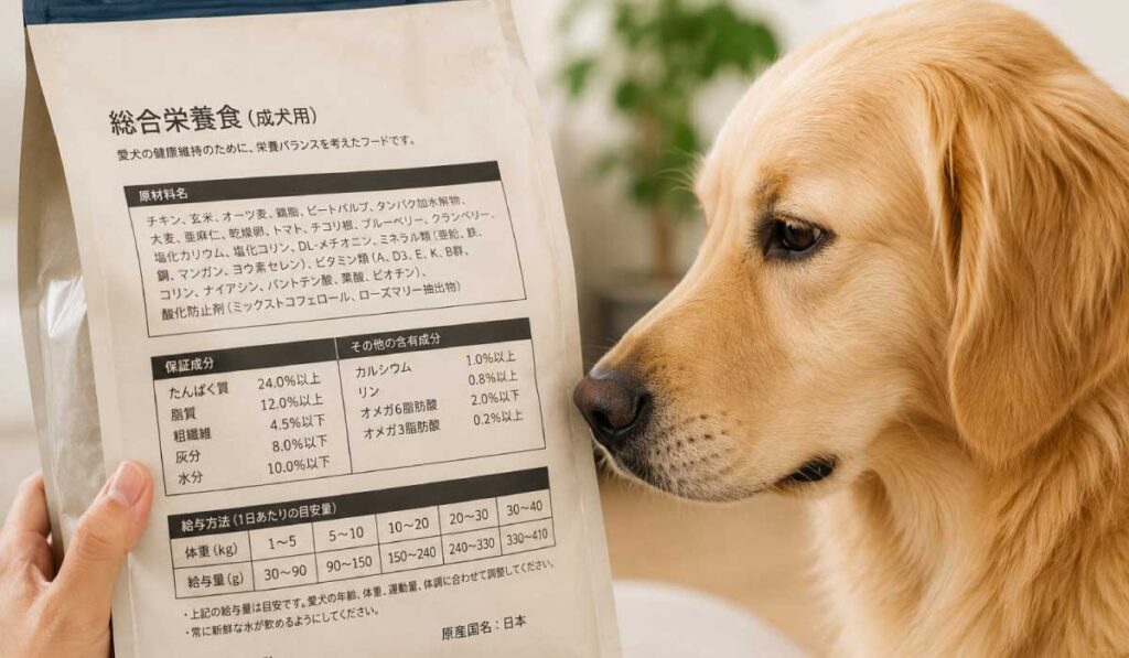 フードの成分表示ラベルを読んでいるイメージ