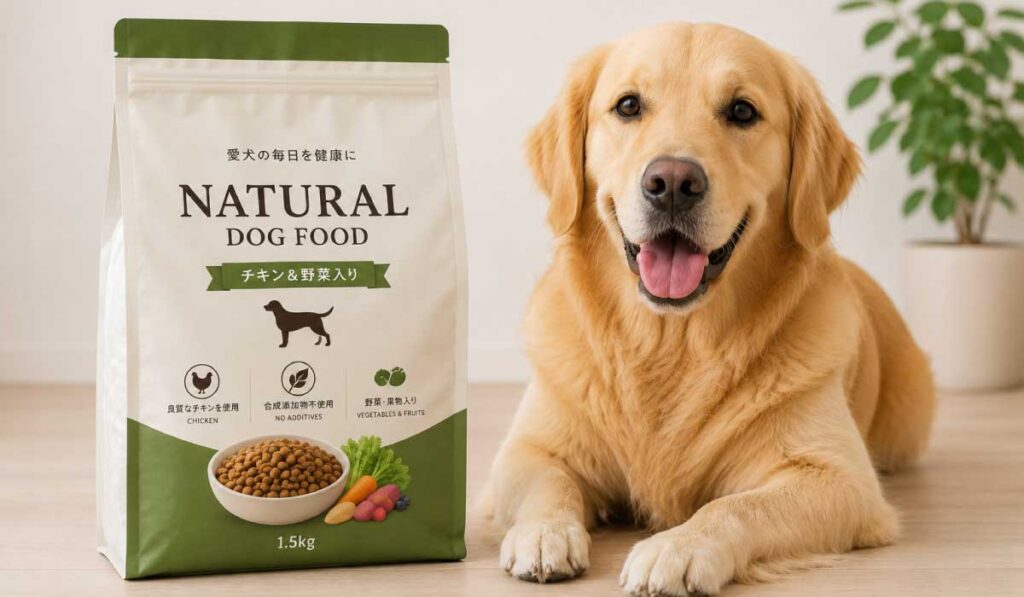 ドッグフードのパッケージと犬が並んでいる写真