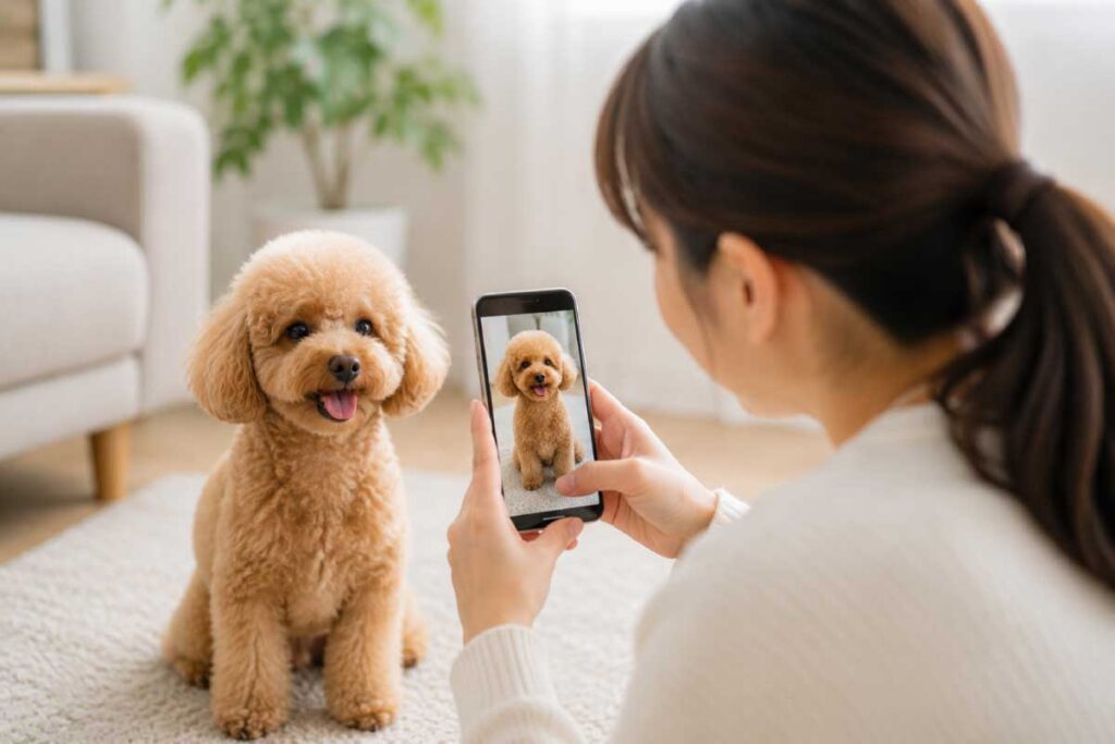愛犬をスマホで撮影している飼い主のイメージ