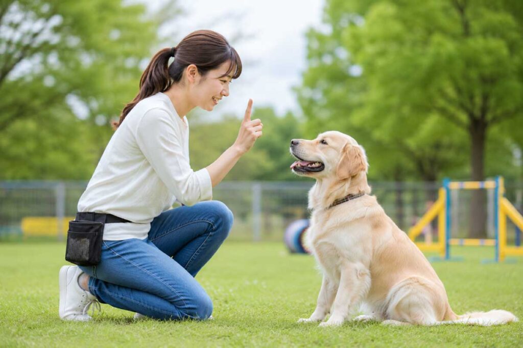 犬とトレーニングをする飼い主のイメージ写真