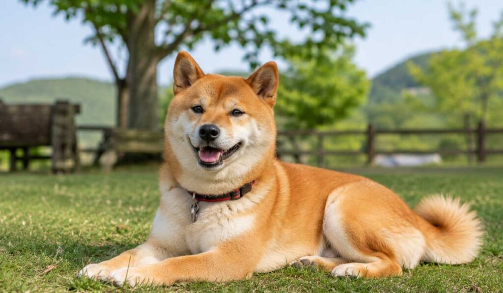 柴犬が屋外でくつろいでいる写真