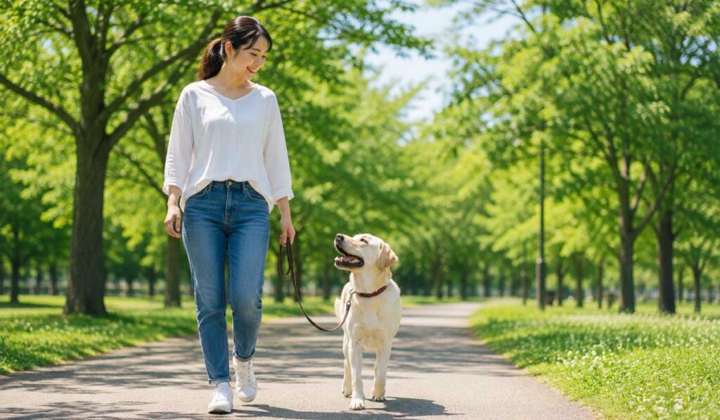 ラブラドールと飼い主が公園を歩いている