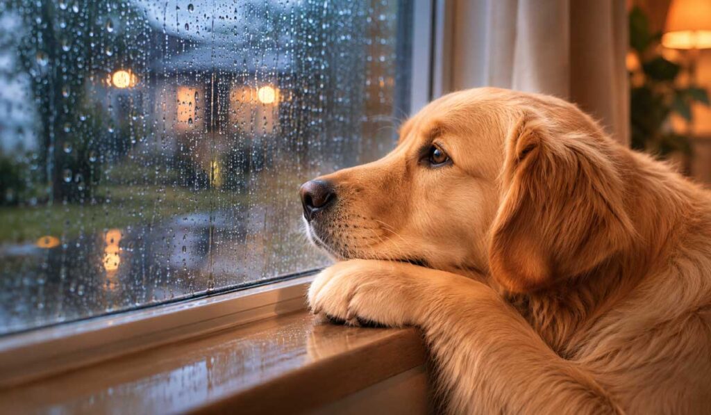 雨の日に窓の外を見つめる犬の写真
