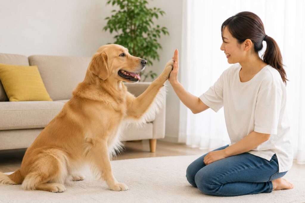 トリックトレーニングで「ハイタッチ」する犬と飼い主の写真