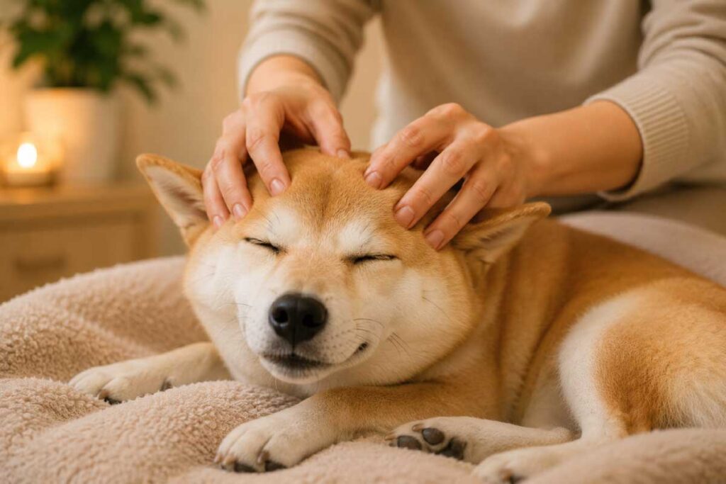 マッサージを気持ちよさそうに受けている犬の写真