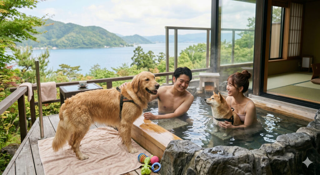 関西の温泉宿に愛犬と宿泊している様子