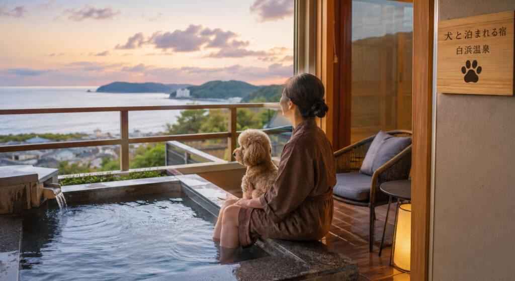 和歌山白浜の犬連れ旅館、犬と飼い主が露天風呂付き客室でくつろぐ様子