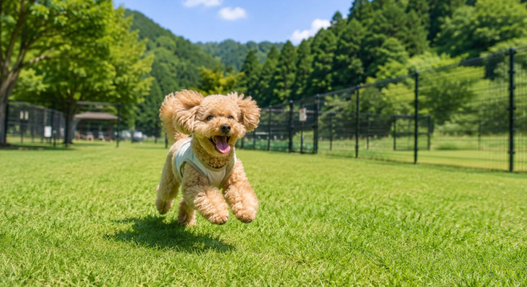 関東の自然豊かなドッグランで走る犬の写真