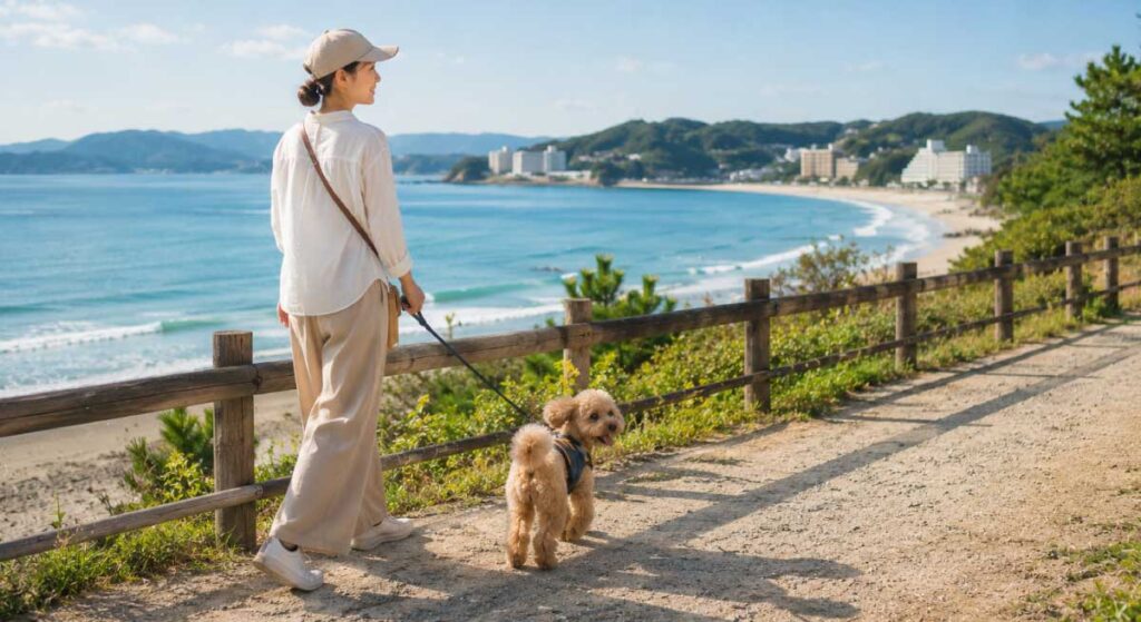 海岸沿いを愛犬と散歩する飼い主の写真