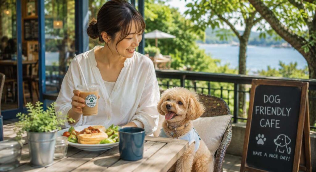 ドッグフレンドリーカフェのテラス席で犬と飼い主がくつろぐ様子