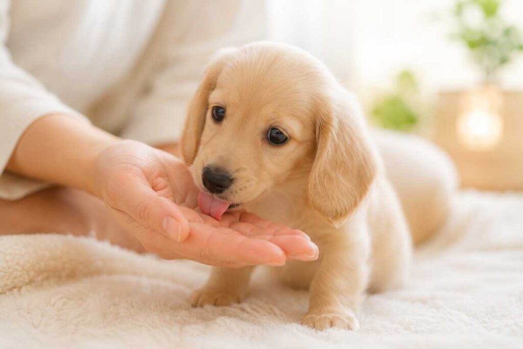 子犬が飼い主の手のひらをなめているやわらかい雰囲気の写真