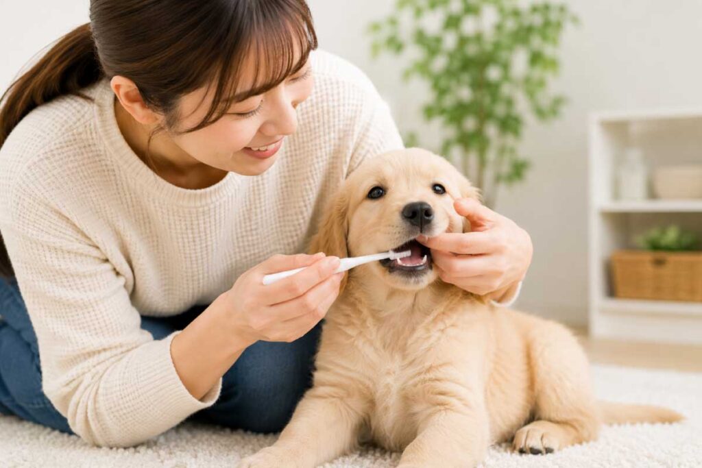 歯磨きの様子を見守る飼い主と子犬の和やかなシーン