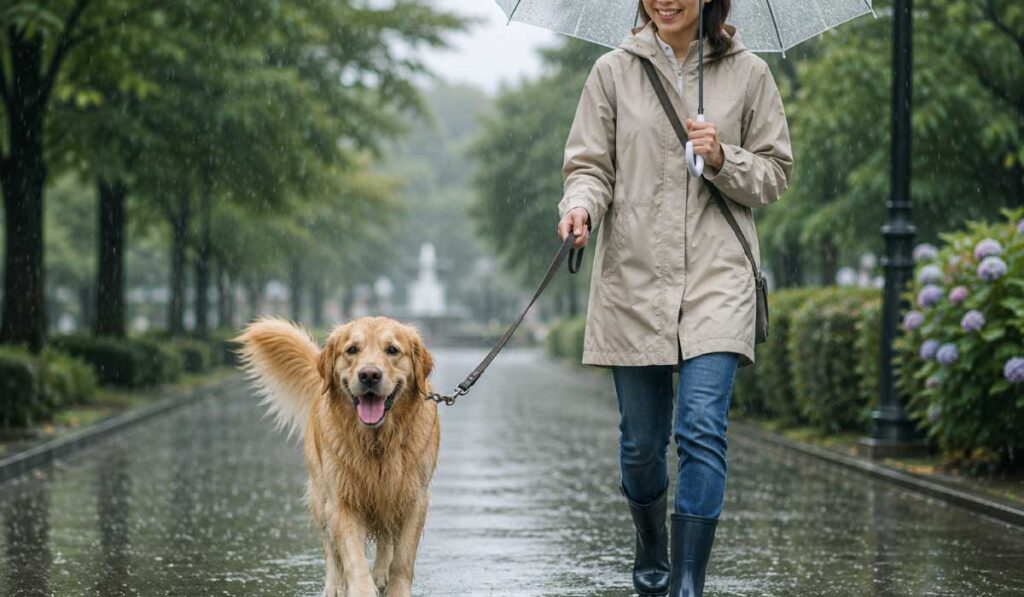 雨の中を散歩する犬と飼い主のイメージ