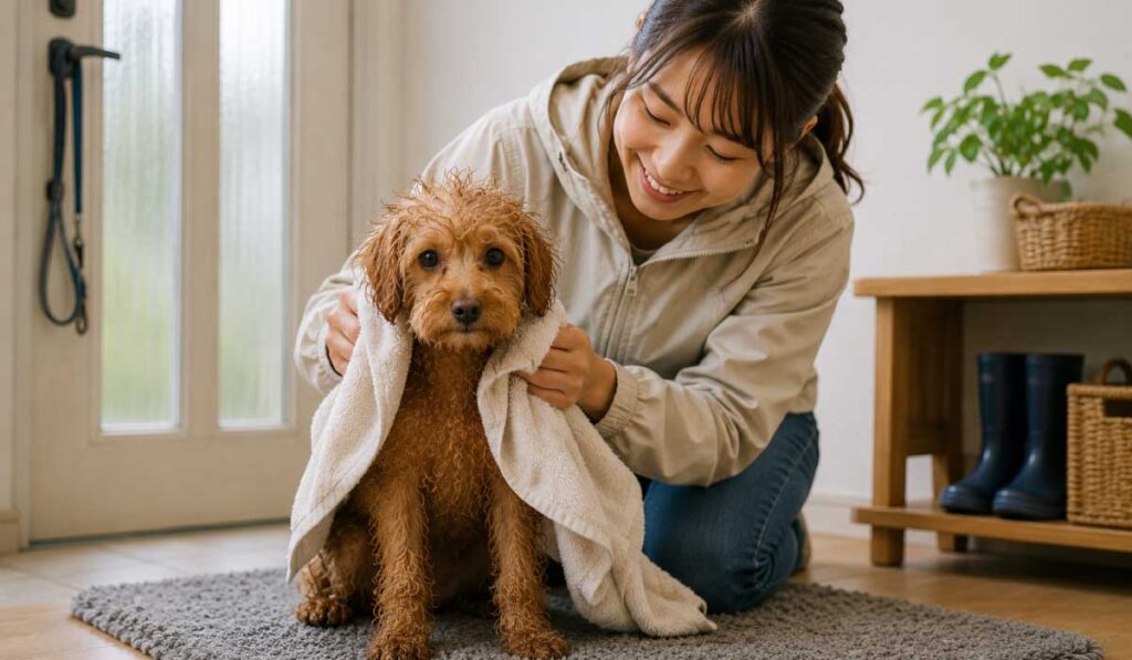 帰宅後に犬をタオルで拭いているシーンのイメージ